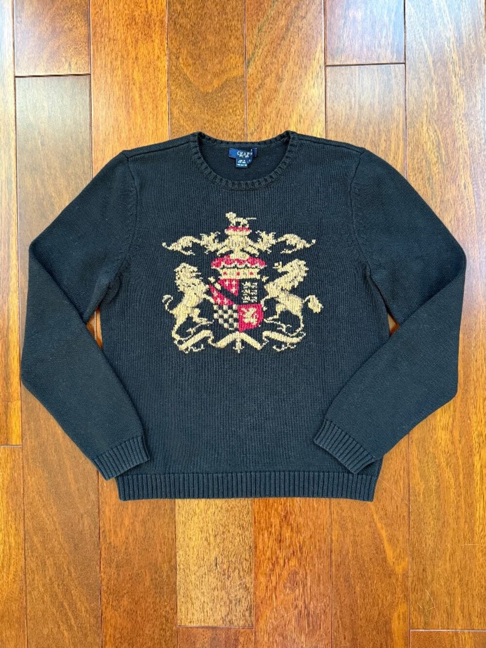Vintage Chaps Ralph Lauren Sweater Royal Crest Lion Horse Cotton Knit Size L